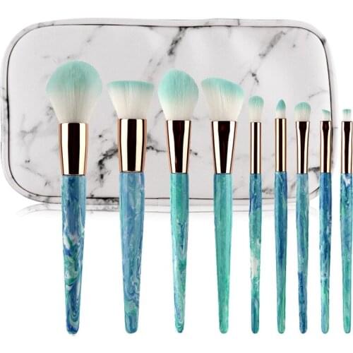 Professional 10pcs synthetic hair Makeup Brushes Set special blue plastic handle Cosmetic Make Up Brush Kit in PU bag