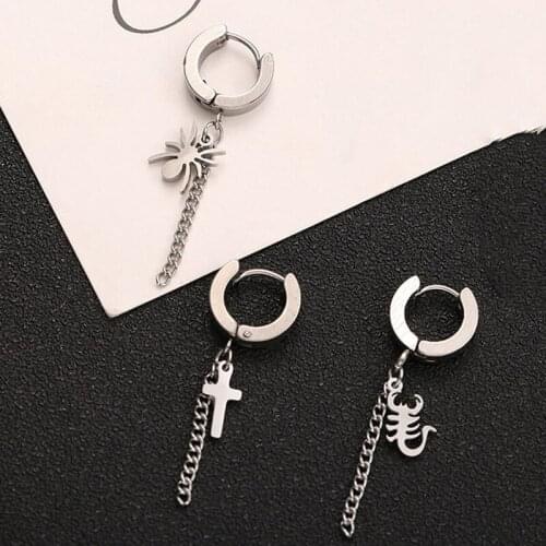 QiLuxy Fashion Punk Stainless Steel Circle Earrings for Women Men Cross Spider Scorpion Dangle Tassel Chain Party Jewelry