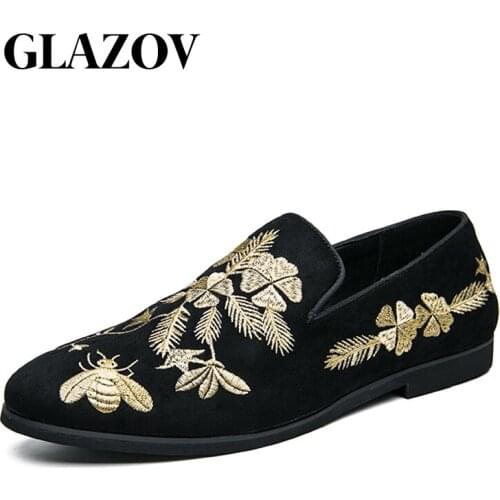 GLAZOV New Luxury Designer Men Suede Nationality Embroidery Casual Loafer Dress Wedding Shoes Driving Flats Footwear Moccasins
