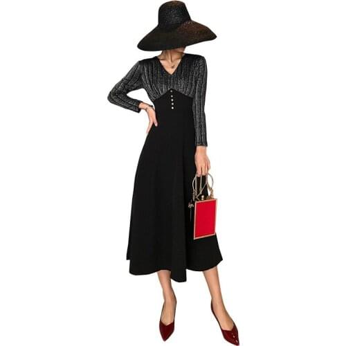 S-XXL Plus Size Dresses Women Patchwork Long Sleeve Vintage Autumn Winter Dress Women Big Swing Black Dinner Dress for Women