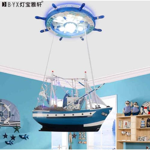 Mediterranean childrens bedroom Big rsailing boat pandent light boy remote control LED personality creative rudder lighting