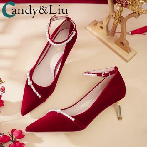Pumps With Straps Pearls Wedding Shoes Womens 2021 New Brideshoe Chinese-style Show Dress Red Heels Feet Nice Quliaty Female