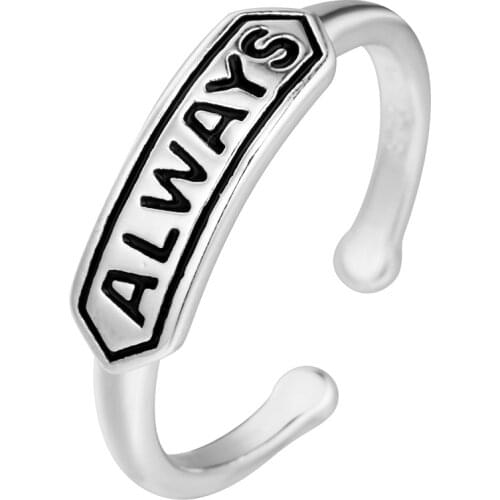 UFOORO Vintage Distressed Thai Silver ALWAYS Ring Letter Dyed Black Adustable Ring Jewelry With Gift Box