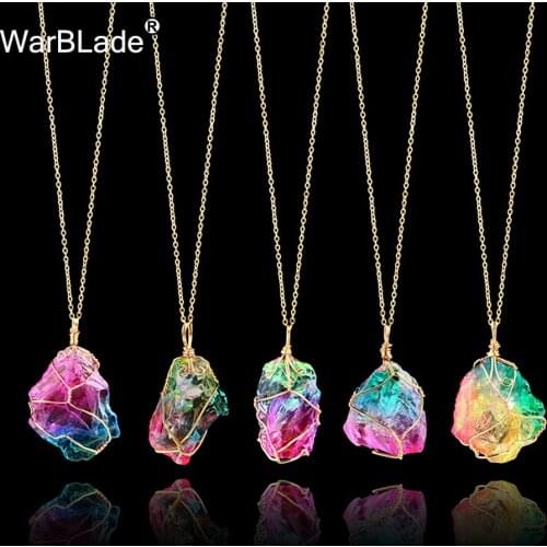 WarBLade New Rainbow Natural Stone Crystal Pendant Necklace Wire Wrapping Irregular Drusy Quartz Stone Necklaces for Women Gift