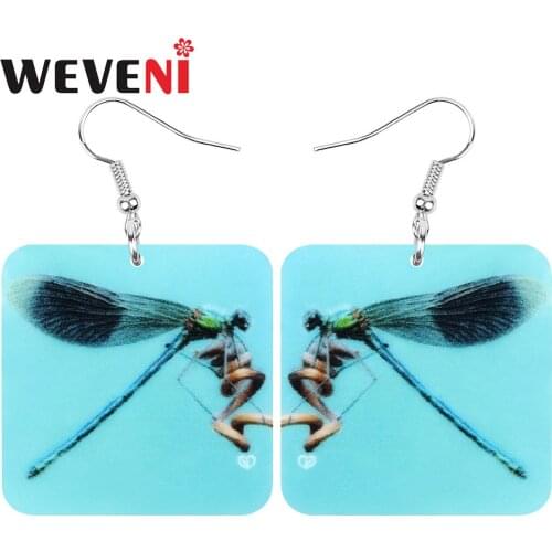 WEVENI Acrylic Blue Square Dragonfly Earrings Printing Insect Animal Dangle Drop Jewelry For Women Girls Fashion Gift Decoration