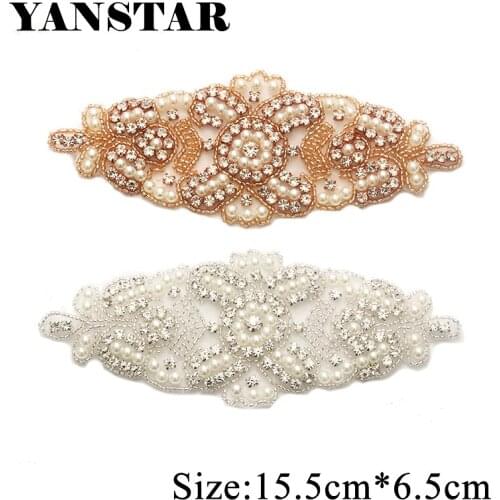 YANSTAR 30PCS Wholesale Bridal Gown Sash Rhinestone Applique Patch For Wedding Dress Belt Clear Rose Gold Crystal YS899