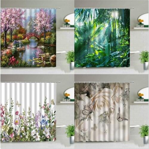 Flower Butterfly Tree Landscape Shower Curtains Dandelion Rose Sunflower Tulip Scenery Waterproof Bathroom Curtain Set With Hook