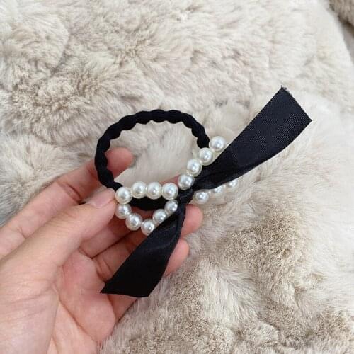 Pearl hair circle small fragrance wind black ribbon bow hair decoration small high-end sense hair rope retro rubber band