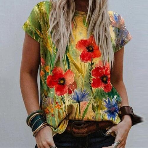 Vintage Pattern Print Women T-Shirt Elegant Summer O Neck Short Sleeve Pullovers Tops Casual Female Loose Streetwear Tee Shirts