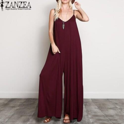 2021 ZANZEA Women Summer Jumpsuits Sexy V Neck Strappy Loose Wide Leg Pants Casual Solid Beach Rompers Party Long Overalls