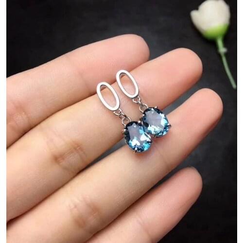 Natural blue topaz drop earrings 925 silver Natural gemstone women fashion Elegant round drop earrings jewelry for woman party