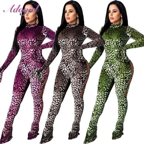 Sexy Leopard Print Flare Long Sleeve Hollow Out Party Club Jumpsuit Women Autumn Bell Button Outfit Rompers Streetwear Overalls