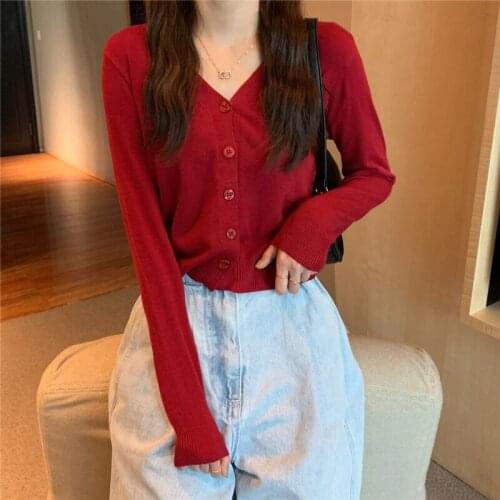 2021 New Solid V-Neck Long Sleeve Sweater Women Single-Breasted Female Short Crop Top Cardigan Soft Elasticity Knitted Outwear
