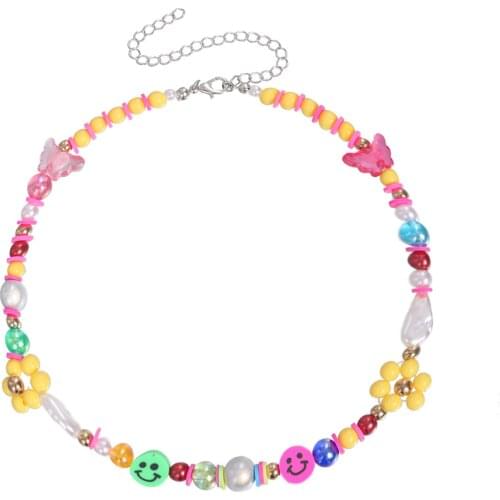 Sweet Smiley Face Acrylic Butterfly Imitation Pearl Necklace for Girls Women Clavicle Chain Short Necklaces 2021 Fashion Jewelry