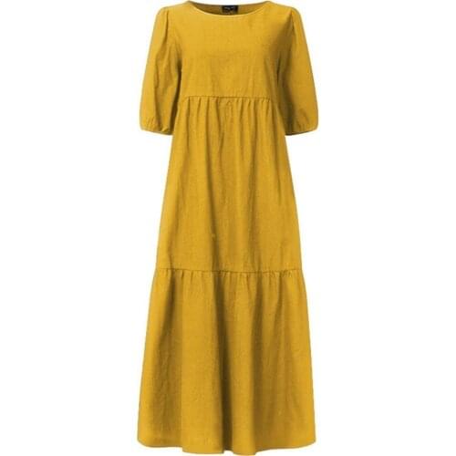 Women Dress Short Sleeve Large Hem Cotton-flax Solid Color O Neck Loose Midi Dress for Summer