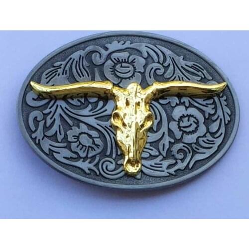 Golden And Bronze Longhorn Bull Head With Floral Flower Background Western Belt Buckle