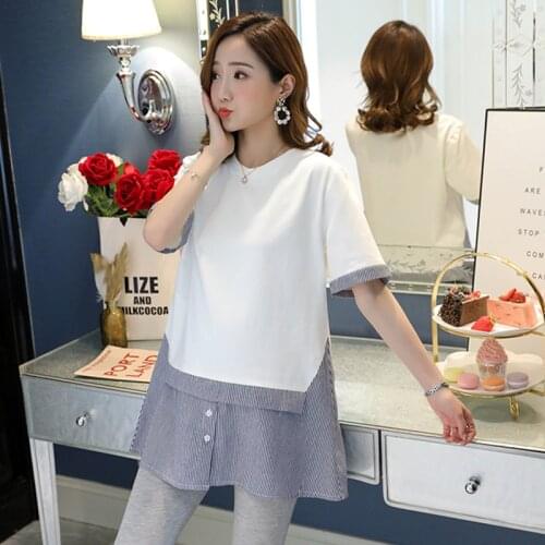 1888# Summer Short Sleeve Cotton Patchwork Maternity Tees Chic Casual Shirt Clothes for Pregnant Women Spring Pregnancy Tops