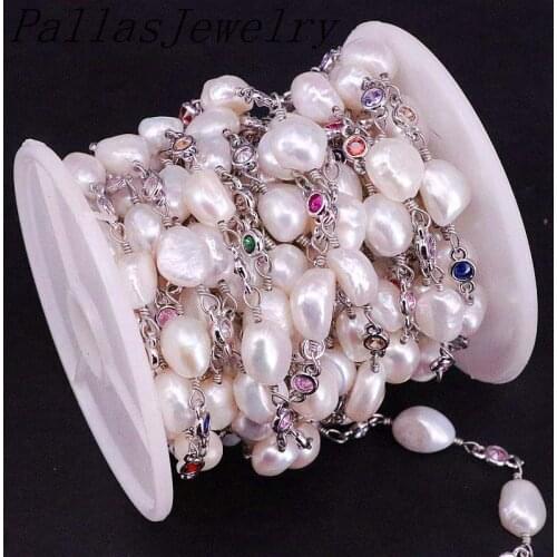 2 Meters, Nature Pearl Chains For Jewelry Making, Irregular Pearl Beads Links Colorful Zircon CZ Gold/Silver Color Chains