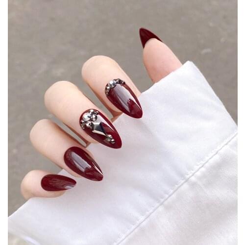 24pcs Cherries Color Fake Nail Patch Rhinestones Inlaid Glue Type Removable Long Paragraph Fashion Manicure Nail Patch -VL16