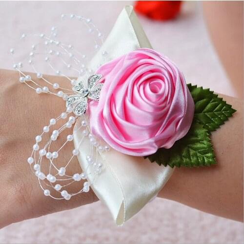 5Pcs/Lot Girl Hand Wrist Flower Wedding Party Prom Supplies Mother Bridal Bridesmaid Satin Rose Women Corsage Flower Handmade