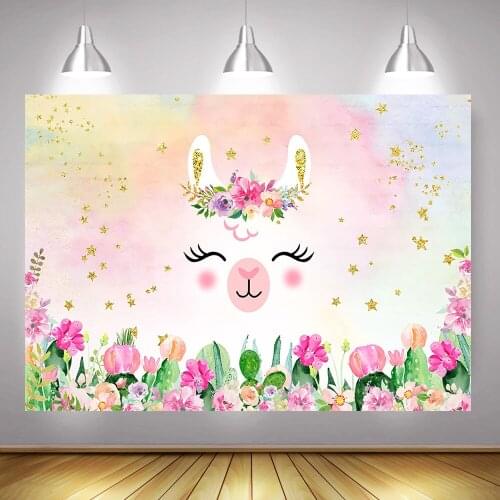 Llama Birthday Party Backdrop Decoration Prop Rainbow Golden Star Newborn Little Mexican Alpaca Baby Shower Pink Blue Background