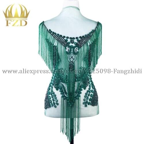 FZD Elegant Handmade Sew On Rhinestone Patch Tassels Waterfall Dangling Crystal Dress Patch Bodice Applique for Show