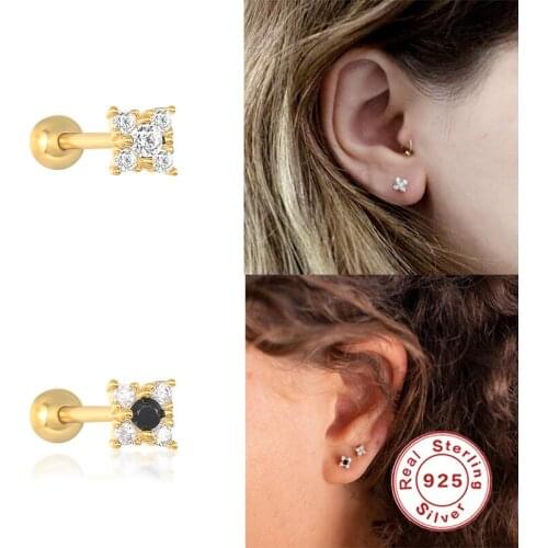 GS 925 Sterling Silver Square Crystal Zircon Stud Earrings For Women Black Clear Gemstone Piercing Ohrringe Pendiente Jewelry