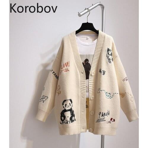 Korobov Korean Kawaii Cartoon Embroidery Cardigans Preppy Style V Neck Long Sleeve Cardigan 2021 New Japanese Knitted Sweater