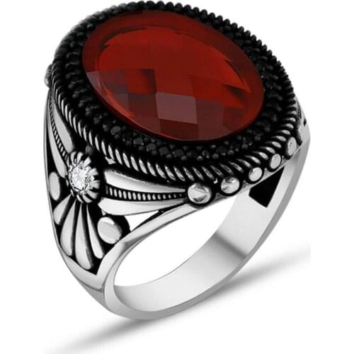 925 Sterling Silver Red Zircon Mens Ring with Black and White Zircon Ornaments Exclusive Ring for Men Zirconia Ring