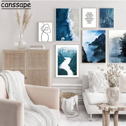 Foggy Mountain Canvas Print Blue Landscape Wall Art Painting Sea Poster Natural Nordic Posters And Prints Living Room Decoration