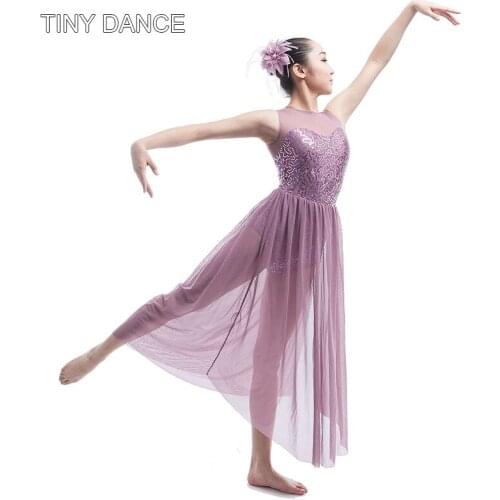 New Stunning Lyrical Sequin Dress for Adult Performance Costume Womens Ballet Dancing Long Mesh Contemporary Dress 16031A