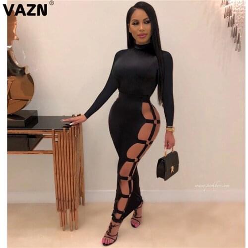 VAZN 2020 Long Dresses arrival Summer Boho High Neck Hollow Out Party Beach Solid Maxi Dress Casual Long Sleeve Dress