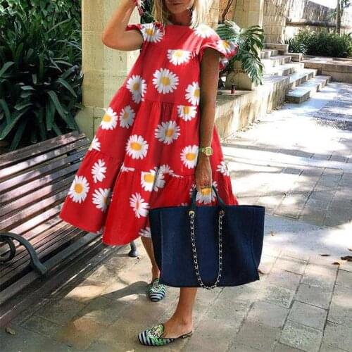 VONDA Floral Printed Dress Women Casual O Neck Short Sleeve Loose Dresses Bohemian Party Robe Femme Elegant Vestidos