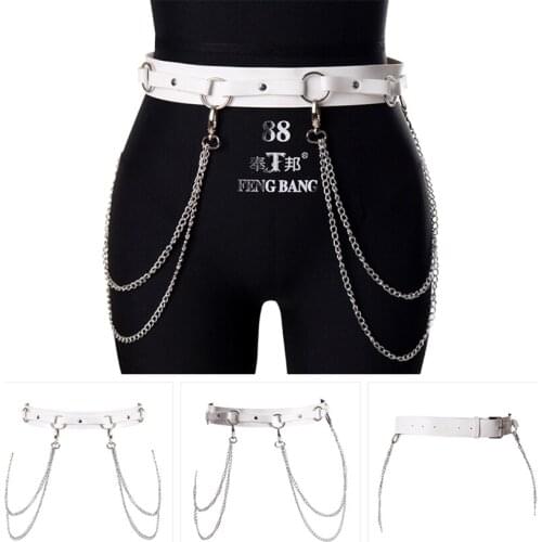 White Leather Harness Belt Harajuku Goth Punk Sexy Clothing Accessory Metal Chain Waist Belt for Women Suspender Bondage