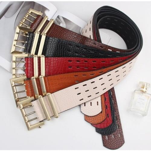 Vintage 3 Rows Buckle Pins Adjustbale Belt Women Wide Waist Belt Serpentine Pattern PU Waistband Cummerbund Ladies Winter Belts