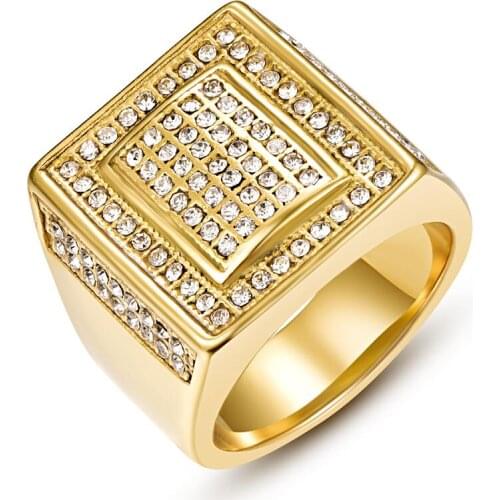 Luxury Geometric Gold Stainless Steel Ring Mens Ring Male Cubic Zirconia Inlay Vintage Wedding Engagement Band