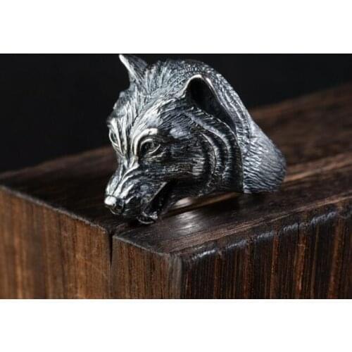 100% 925 Silver Wolf Head Ring 925 Sterling Wolf Ring Punk Man Ring Cocktail jewelry gift