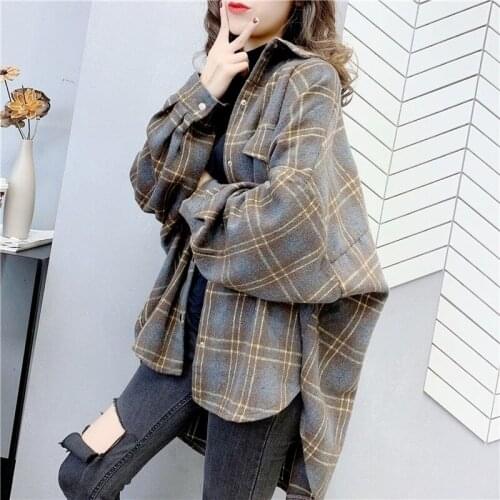 Wool Thicken Women Shirts New Turn-Down Collar Plaid Long-Sleeved Loose Casual All Match Female Outwear Coats Tops