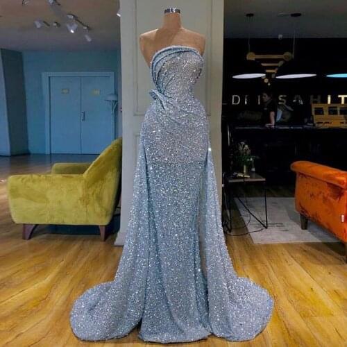 Bling Party Dress Sequins Long Strapless Formal Dress With Removable Overskirt Light Blue Evening Gowns Dubai Women