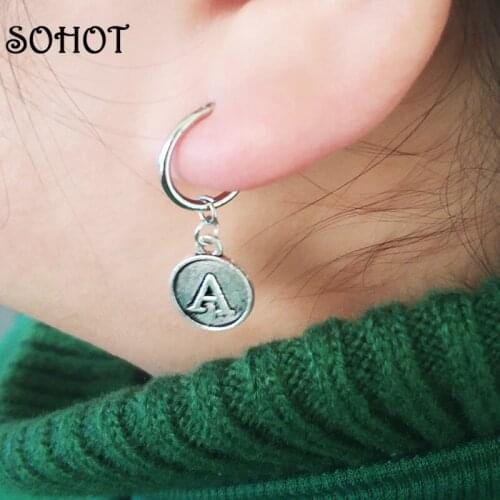 SOHOT Letter A Round Disc Pendant Women Hoop Earrings Vintage Silver Color Alloy Hot Sale English Alphabet Female Jewelry