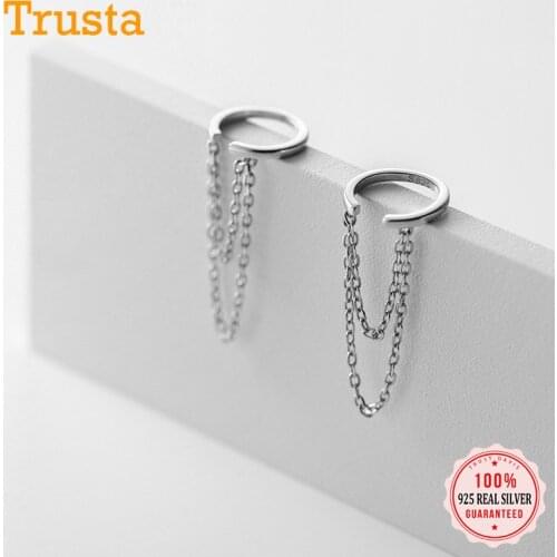 TrustDavis 1Pcs Real 925 Sterling Silver Double Chain Clip On Earring Ear Cuff For Women Without Piercing Earring Jewelry DB1352