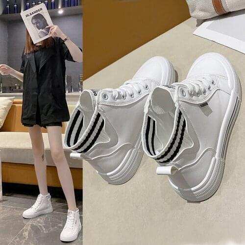 PU Small White Shoes 2021 New Womens Shoes Spring and Autumn Versatile Student High Top Board Shoes Casual Flat Shoes