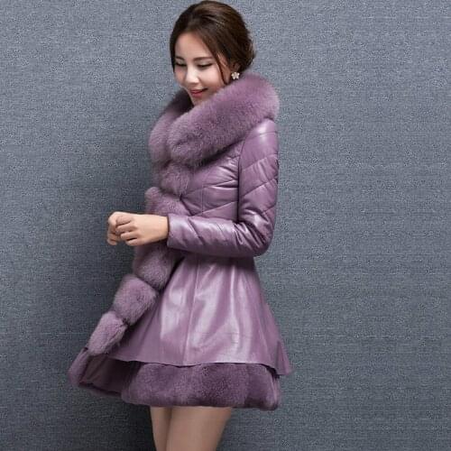 High Quality PU Leather Jacket Faux Fox Fur Collar Sheepskin Leather Jacket Women Skirt Coat White Down Women Jacket Winter