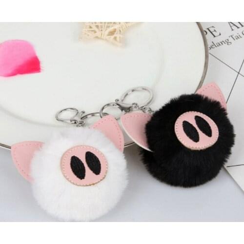 High Quality Cute Piggy Pompom Keychain Soft 8cm Rex Rabbit Fur Ball Keychain Pendant Bag Car Decoration Key Ring Accessories