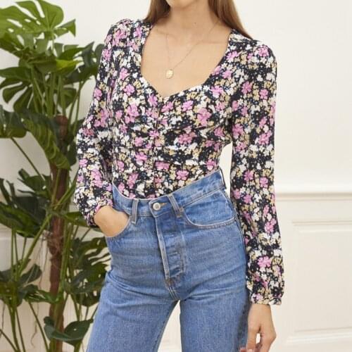 2021 New Spring and Autumn Square Neck Puff Sleeve Print Thin Waist Retro All-match Shirt Women