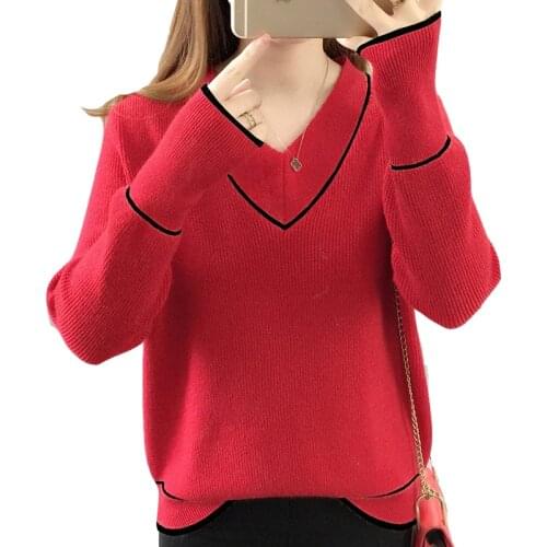 Women Knitted Sweater Loose Female New V-Neck Casual Long-Sleeve Women Wild Female Solid Pullover Sweater Tops Femme Soft