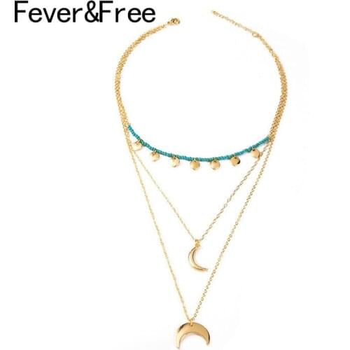 Fever&Free Gold Color Tiny Round Long Necklace Pendants For Women 3 Layers Crescent Moon Necklaces Jewelry Collares De Moda 2019
