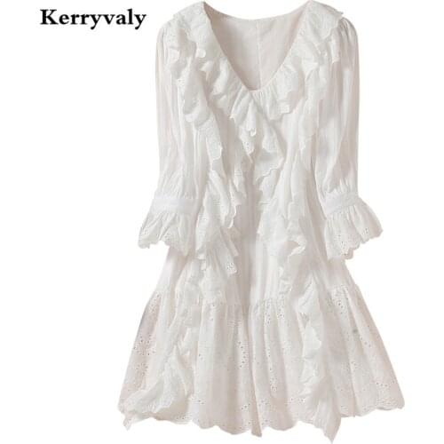 New Women V-neck Ruffles White Lace Summer Dress Jurken Zomer 2021 High Quality Cutout Retro Loose A- Line Hollow Dress N9847