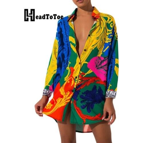 Button Design Printed Women Shirt Dress Long Sleeve Turn Down Collar Casual Short Dress