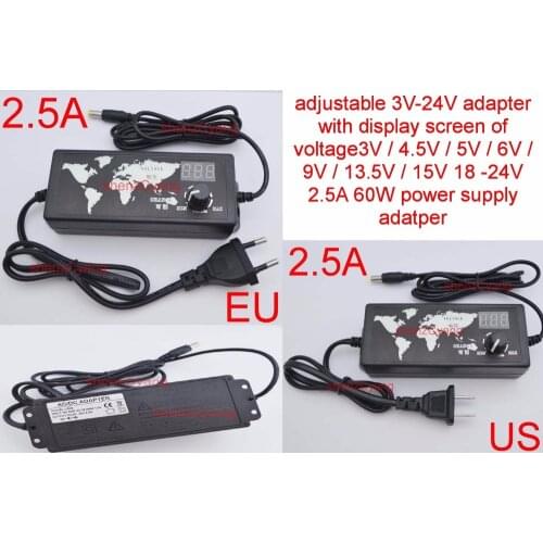 1PCS adjustable 3V-24V adapter with display screen of voltage3V/4.5V/5V/6V /9V /12V 5A/ 13.5V/15V 18 -24V 2.5A 60W power adatper